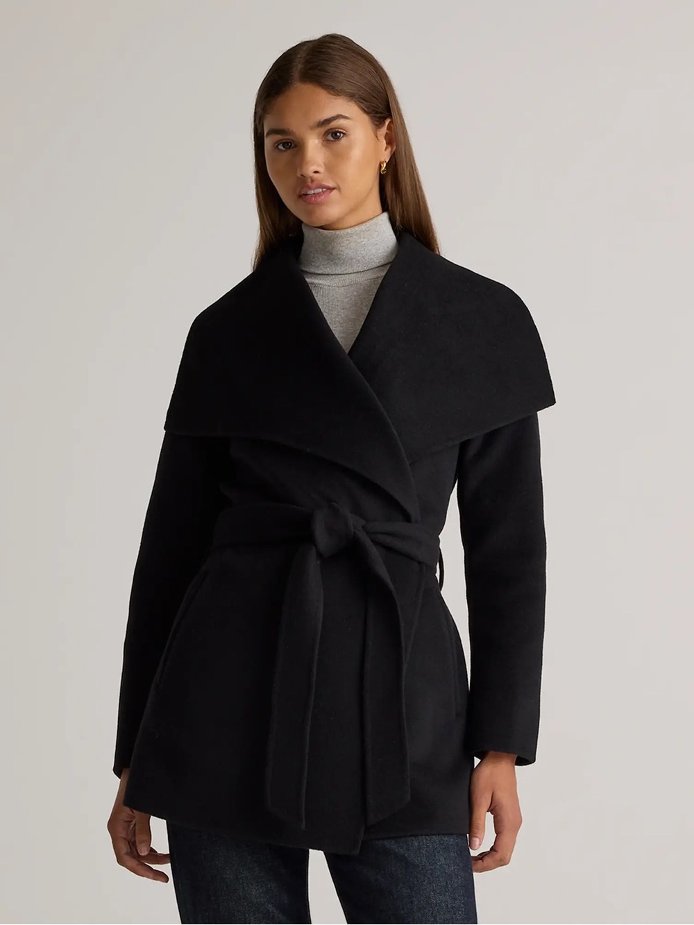 Quince Double-Faced Merino Wool Draped Collar Short Wrap Coat- XL- BLACK